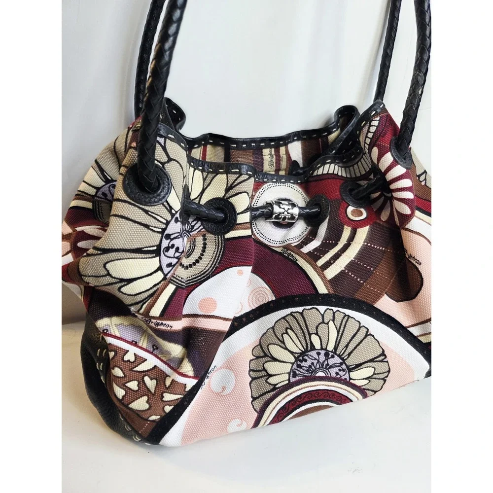 Brighton Canvas  & Leather Cinch Shoulder Satchel Slouchy Bag‎ Floral Braided